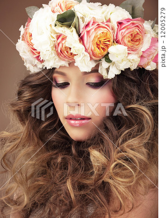Affectionate Girl in Wreath of Colorful Flowers Dreaming 12005279