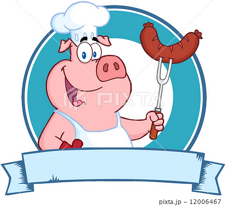Pig Chef Holding A Sausage On Fork Over A Blank Banner Pig Chef Holding A Sausage On Fork Over A Blank Banner 12006467