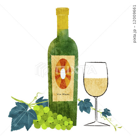 白ワインとワイングラスとブドウのイラスト素材