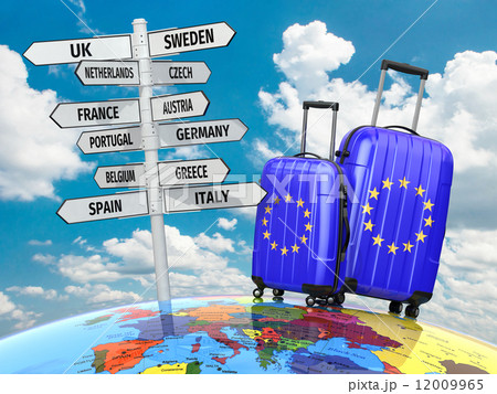 Travel concept. Suitcases and signpost what to visit in Europe. 12009965