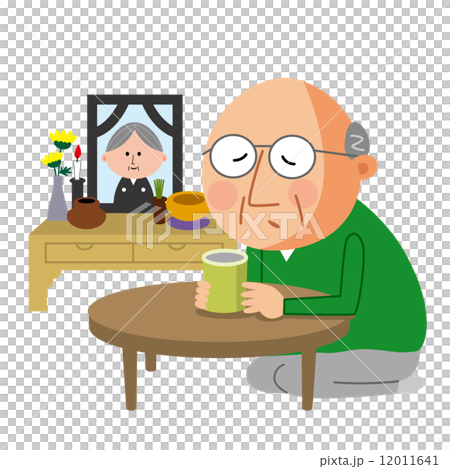 仏壇の前でお茶を飲むおじいさん 仏壇の前でお茶を飲むおじいさん 12011641