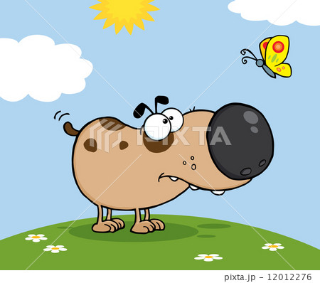 Cute Dog Cartoon Character With Butterfly On A Meadow 12012276