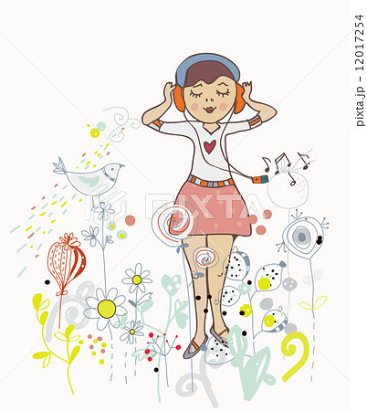 Poster of girl listening to the music with flowers, birds Poster of girl listening to the music with flowers, birds 12017254