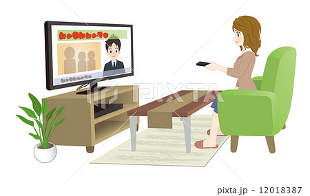テレビを見る女性 白背景のイラスト素材 1187