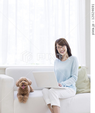 ソファに座る女性とトイプードル 12024691