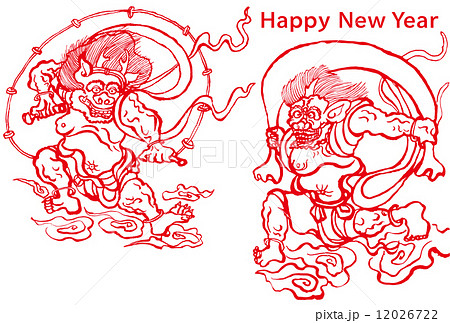 風神雷神　毛筆イラスト　年賀状 12026722