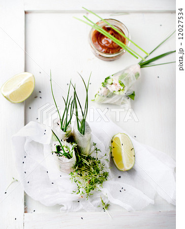 Fresh spring rolls on a white background Fresh spring rolls on a white background 12027534