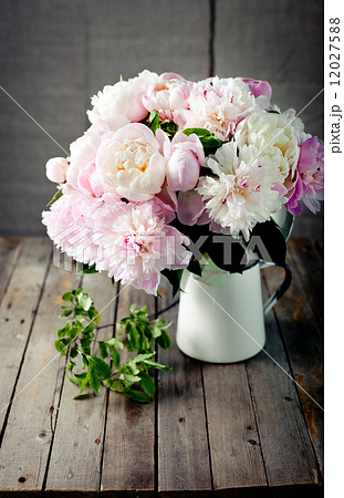 Bunch of peony flowers  in an enamel jar 12027588