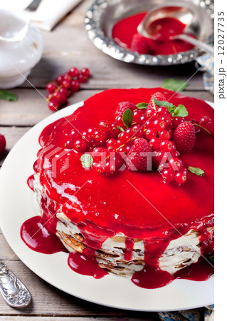 Traditional crepe cake with custard and berry Traditional crepe cake with custard and berry 12027735
