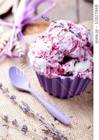Berry ice cream with lavender flowers 12027848