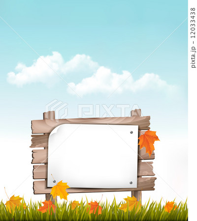 Nature background with autumn leaves and wooden sign Vector 12033438