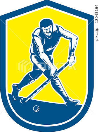 Field Hockey Player Running With Stick Shield Retro 12043164