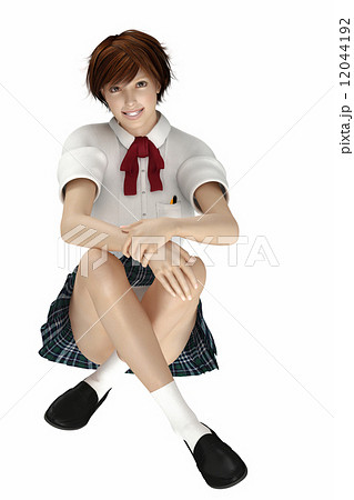 床に座る笑顔の女子高生 ３dcg イラスト素材のイラスト素材