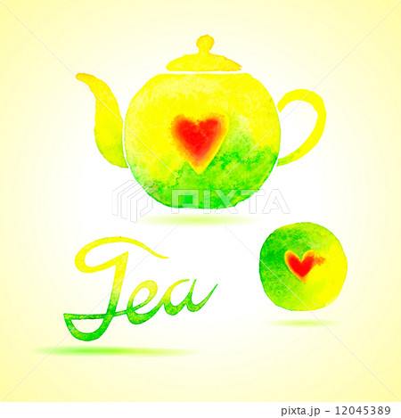 Tea set. Design elements painted in watercolor. 12045389