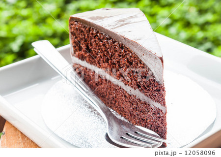 Double chocolate custard cake layers on white plate 12058096