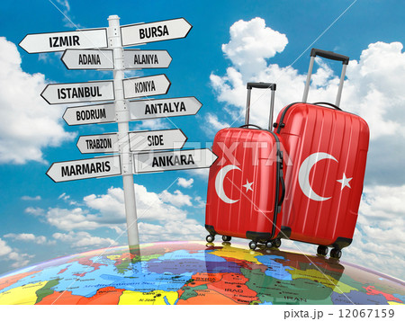 Travel concept. Suitcases and signpost what to visit in Turkey. 12067159