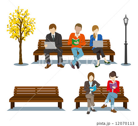 ベンチに座る人々 秋のイラスト素材