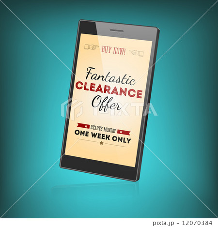 Mobile phone with SMS text message on the screen. Fantastic offer, buy right now 12070384