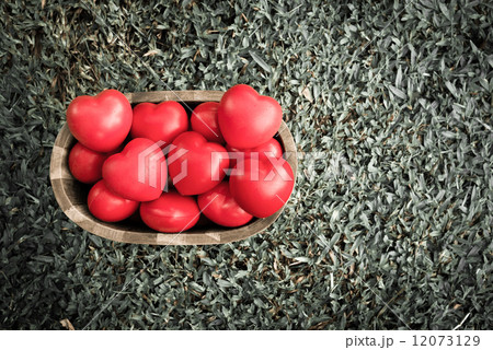 vintage style of group of hearts in wood bucket on green grass 12073129