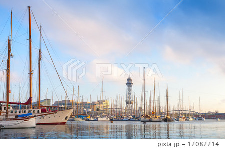 Sailing ships and yachts moored in Port of Barcelona, Spain 12082214
