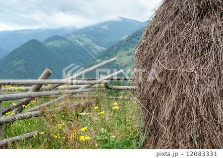 Foggy morning landscape with hay stack on meadow at highland Foggy morning landscape with hay stack on meadow at highland 12083331