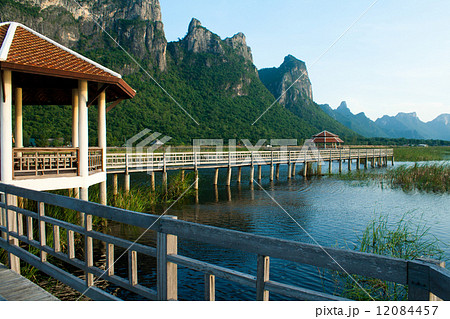 Wooden Bridge in lotus lake at khao sam roi yod national park, t 12084457