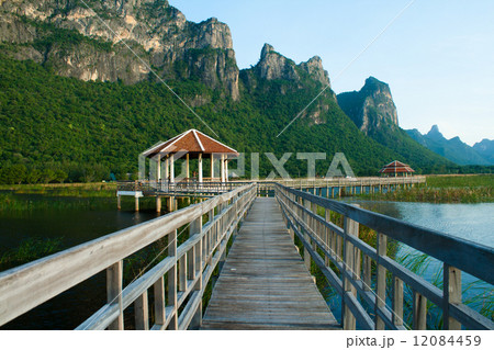 Wooden Bridge in lotus lake at khao sam roi yod national park, t 12084459