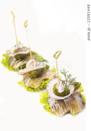 canape with meat vegetables and seafood 12091448