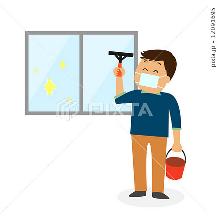 窓ふきをする男性 大掃除のイラスト素材