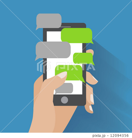 Hand holding black smartphone with blank speech bubbles for text 12094356