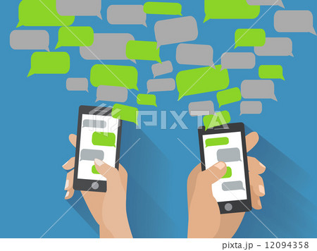 Hand holding black smartphone with blank speech bubbles for text 12094358