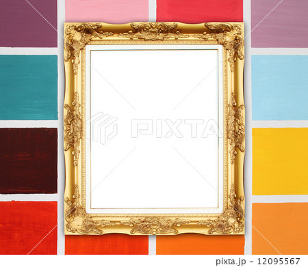 blank golden frame on wood wall 12095567