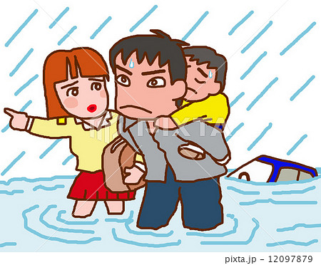 水害から 避難する家族のイラスト素材
