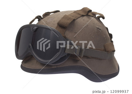 kevlar helmet with camouflage cover and protective goggles 12099937