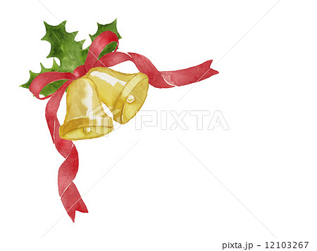 クリスマスベルと赤いリボンとひいらぎの水彩イラスト素材 のイラスト素材