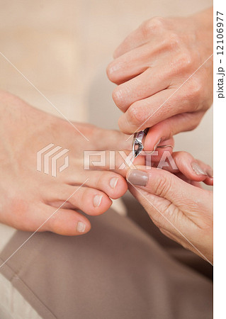 Pedicurist clipping customers toe nails Pedicurist clipping customers toe nails 12106977