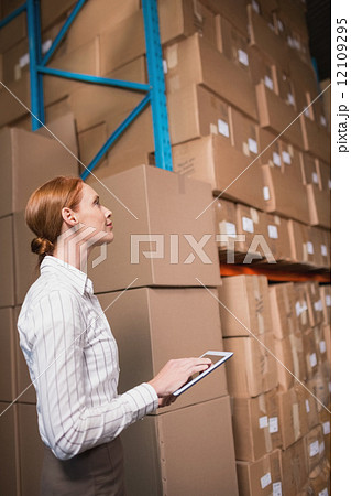 Female manager using digital tablet in warehouse 12109295