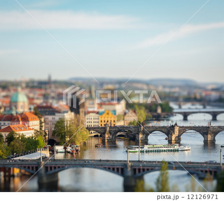 Panoramic view of Prague bridges over Vltava river from LetnÃ¡ P 12126971
