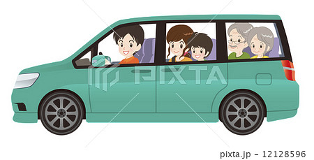ミニバンで家族とドライブ 青緑色 横型のイラスト素材