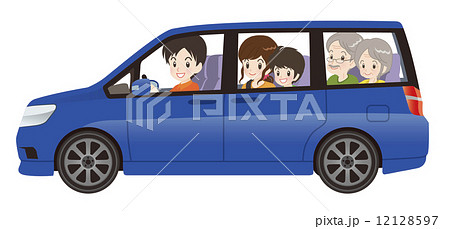 ミニバンで家族とドライブ 青色 横型のイラスト素材