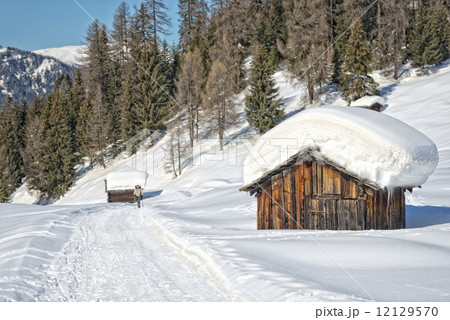 Wood cabin hut in the winter snow background 12129570