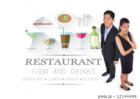 Thoughtful businesswoman against restaurant advertisement Thoughtful businesswoman against restaurant advertisement 12144499