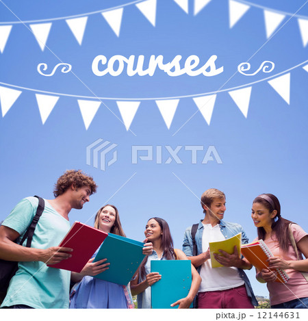 Courses against students standing and chatting together Courses against students standing and chatting together 12144631