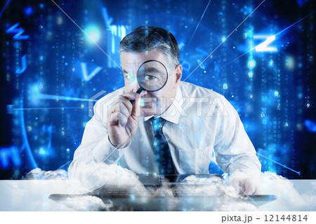Composite image of mature businessman examining with magnifying Composite image of mature businessman examining with magnifying 12144814