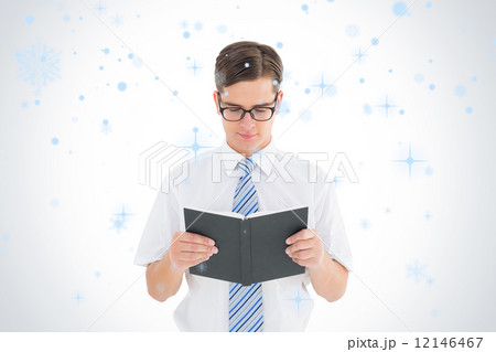 Composite image of geeky businessman reading from book Composite image of geeky businessman reading from book 12146467