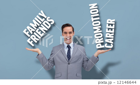 Composite image of smiling business person presenting 12146644