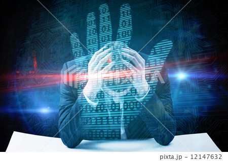 Composite image of businessman with head in hands 12147632