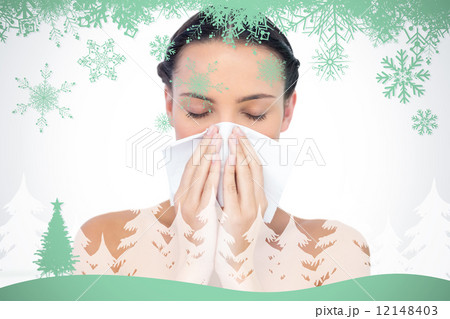 Composite image of young natural model blowing nose 12148403