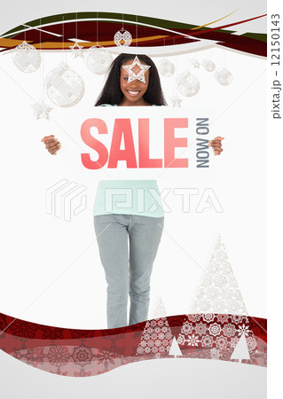 Composite image of woman with ad on white background 12150143