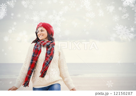Pretty woman in stylish warm clothing at beach Pretty woman in stylish warm clothing at beach 12150287